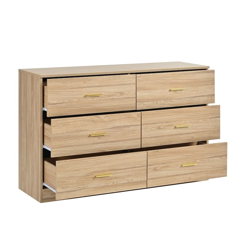 6 Drawer Double Dresser, Large Wooden Storage Organizer, Clothes Storage Cabinet with Gold Handles and Ball Bearing Slide
