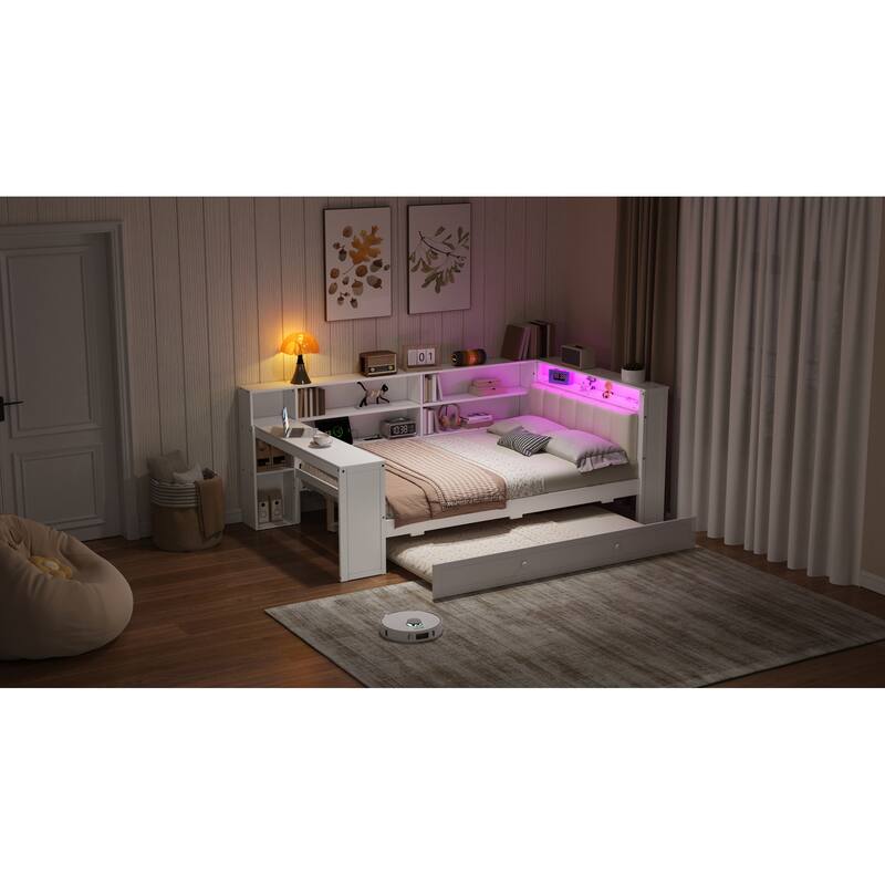 Roomfitters Twin/Full Platform Bed with Trundle, LED Headboard, Charging Station and Storage