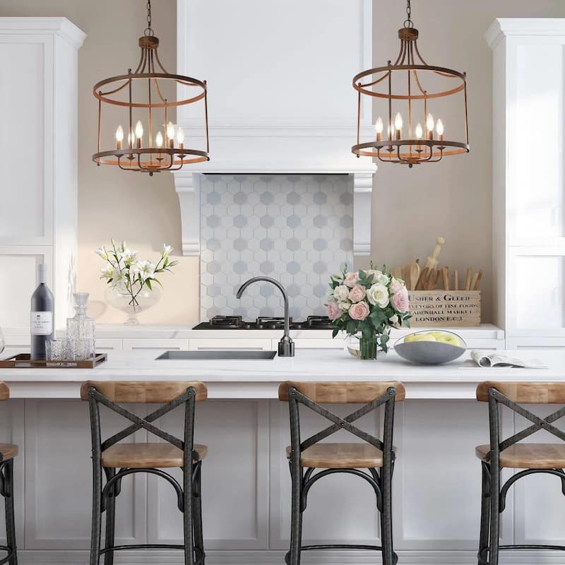 Farmhouse Rustic 6-Light Drum Chandelier Metal Kitchen Island Lights for Dining Room