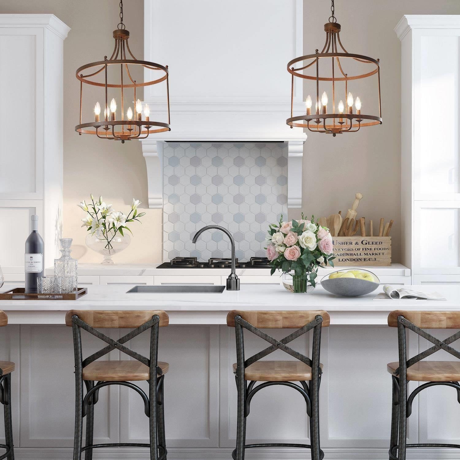 Farmhouse Rustic 6-Light Drum Chandelier Metal Kitchen Island Lights for Dining Room
