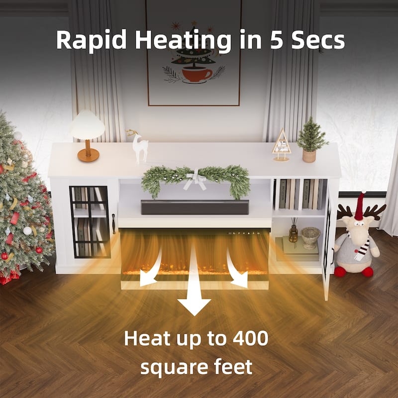 70" Fireplace TV Stand with 3-Sided Glass, ETL Certified, 12 Flame Colors, Realistic Ember Bed, Accommodates TVs up to 80"