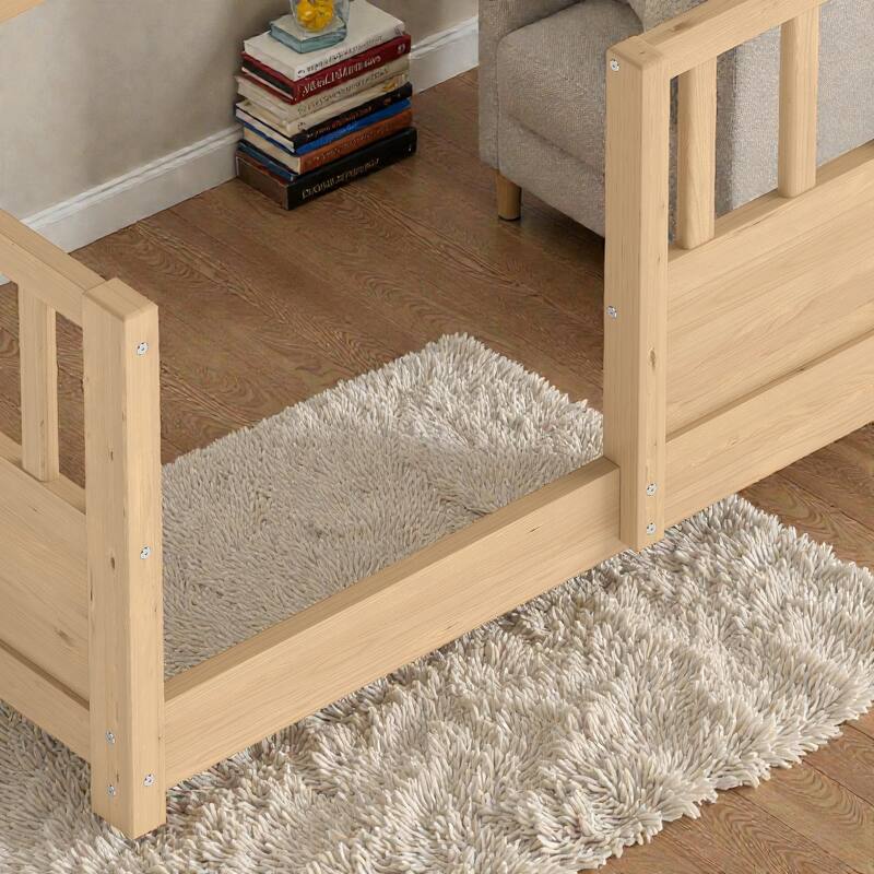 Wooden Floor Bed with Fence Guardrails, Montessori Style Kids Bed Frame with Side Storage Design
