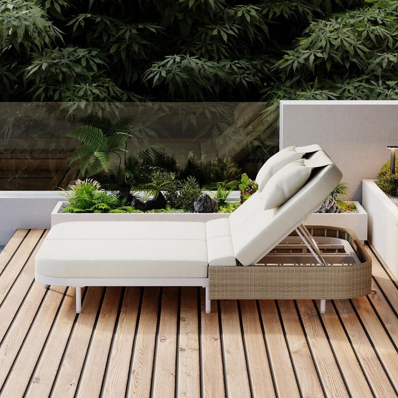 Rattan Outdoor Daybed Double Patio Chaise Lounge with Removable Cushions