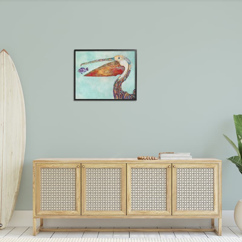 Stupell Pelican's Lost Supper Fish and Patterned Feathers Framed Giclee Texturized Art by Lisa Morales