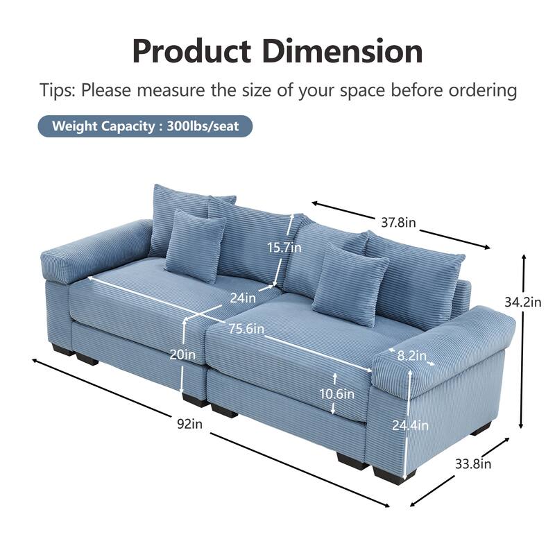 92" Oversized Corduroy Couch for Living Room, Upholstered Loveseat Sofa with Wide Armrests and Throw Pillows for Apartment