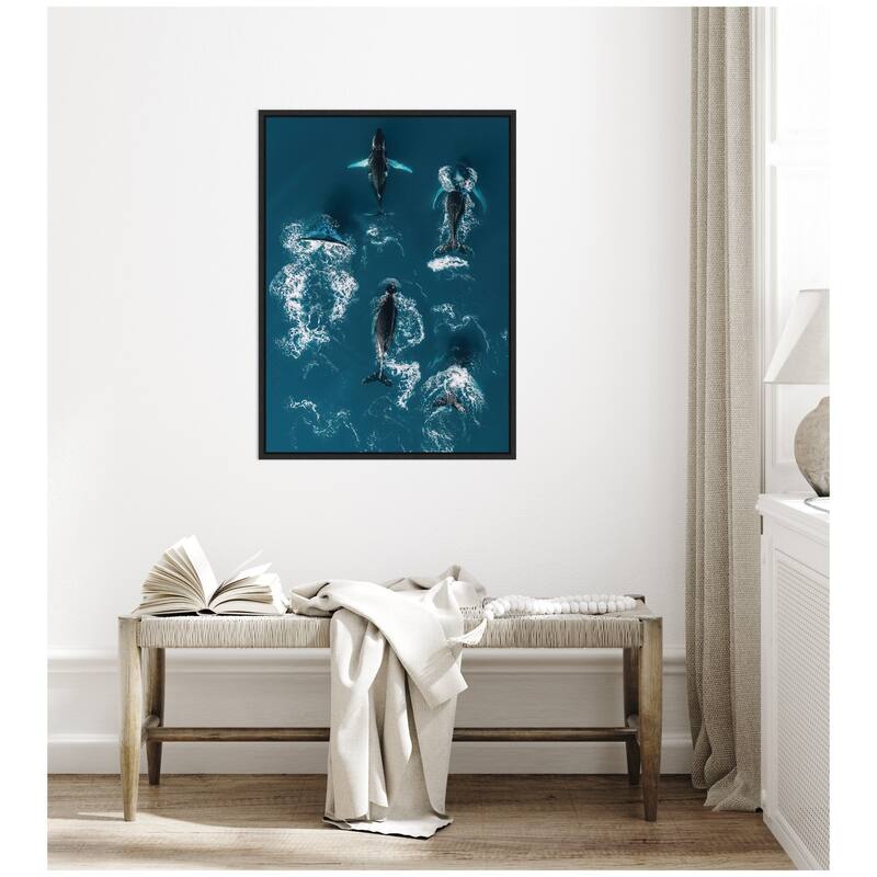 Kate and Laurel Sylvie School of Humpback Whales in the Blue Ocean Framed Canvas by Michael Schauer