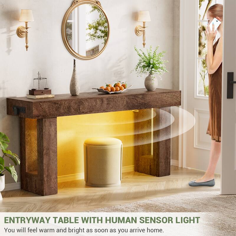63'' Console Table with Motion Sensor Light and Charging Station, Modern Farmhouse Entryway Table