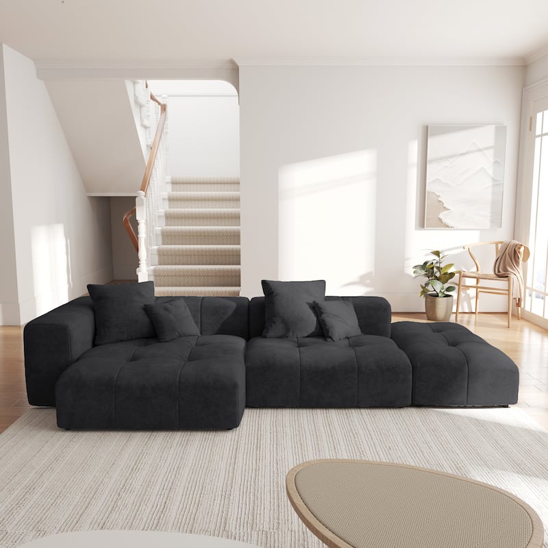 119.27" Linen Modular Sofa Chaise Sectional Sofa with Pillows, Ottoman