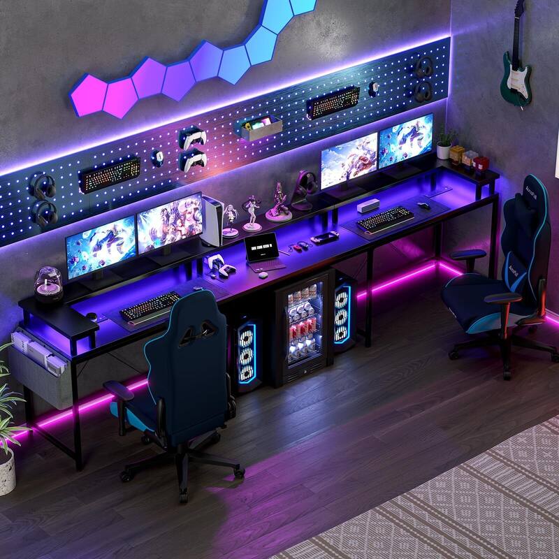 U Shaped Desk, 126 Inch Gaming Desk with Monitor Stand and LED Lights