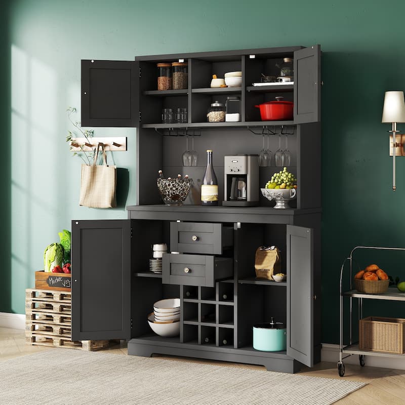 Roomfitters Farmhouse Coffee Bar Cabinet with Wine Storage, Buffet Sideboard with Glass Racks and Shelves - Black