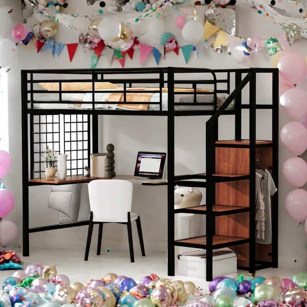 slide 2 of 18, Twin Size Loft Bed With Desk,Lateral Storage Ladder and Wardrobe for Home Black