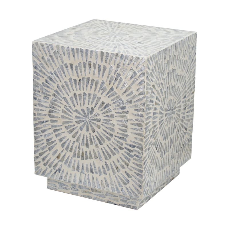 18 Inch Modern Capiz Accent Table Stool, Square, Gray Starburst Pattern