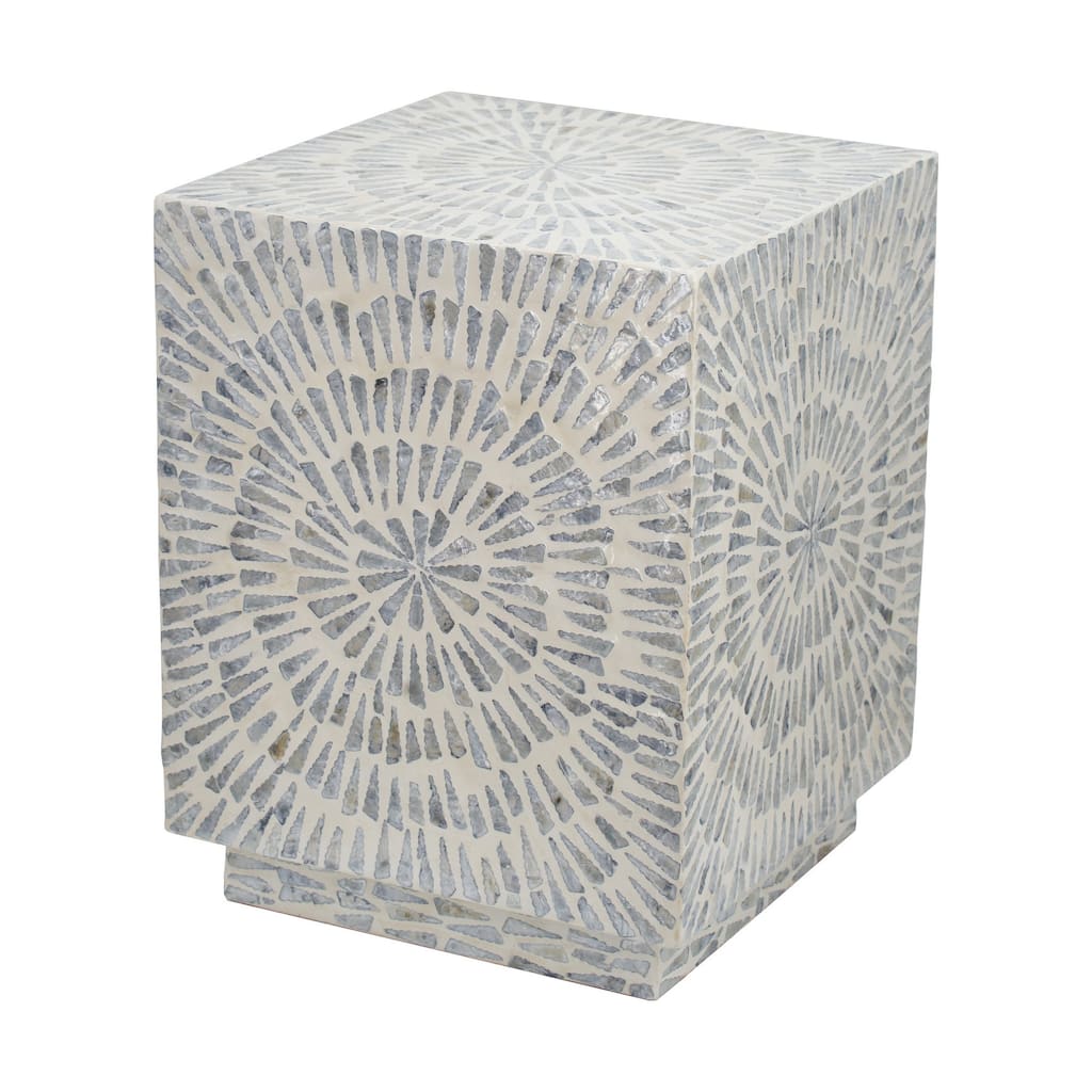 18 Inch Modern Capiz Accent Table Stool, Square, Gray Starburst Pattern