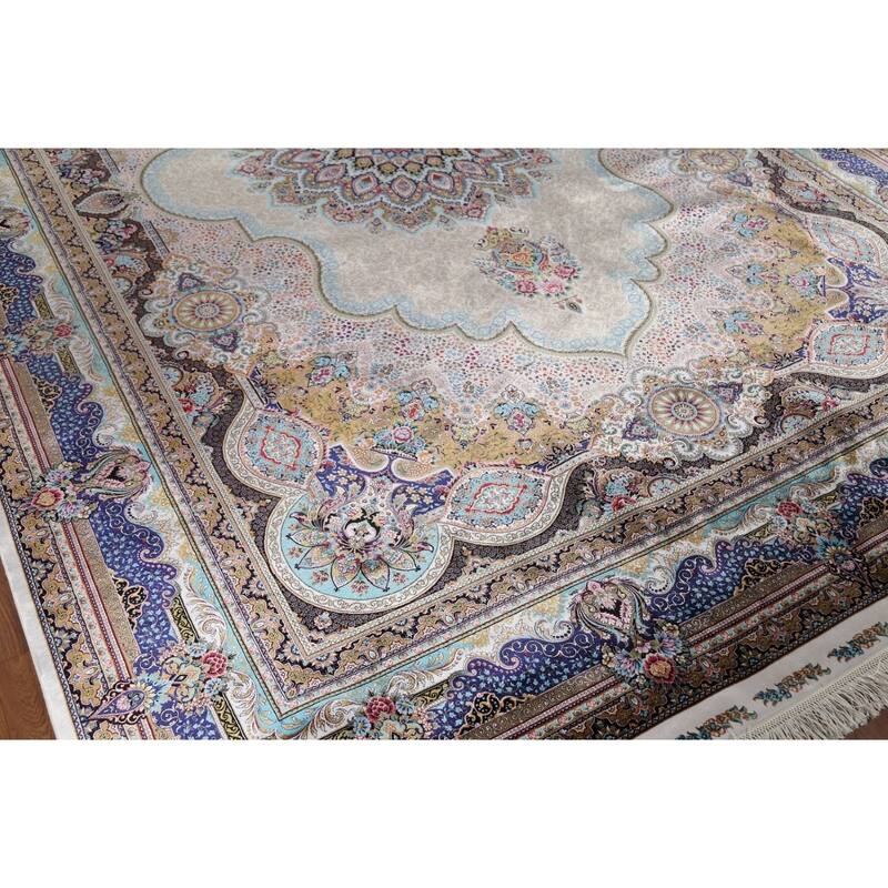 Victorian Style Qum Turkish Area Rug Beige Machine Made Carpet - 7'8" x 11'1"