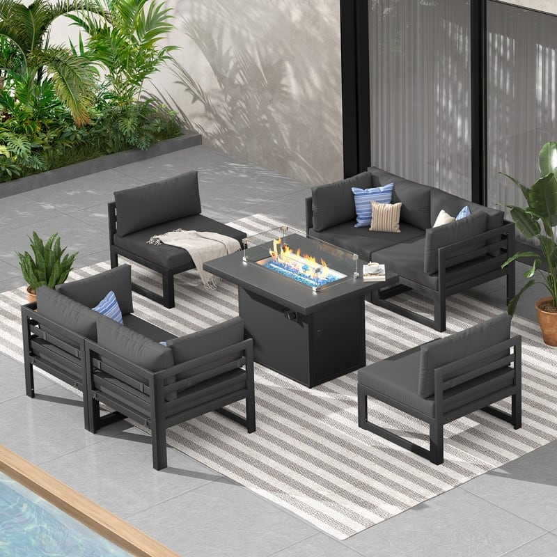 FINCATI Aluminum Outdoor Patio Furniture Conversation Sectional Sofa Set - 7 Pieces - Dark Grey