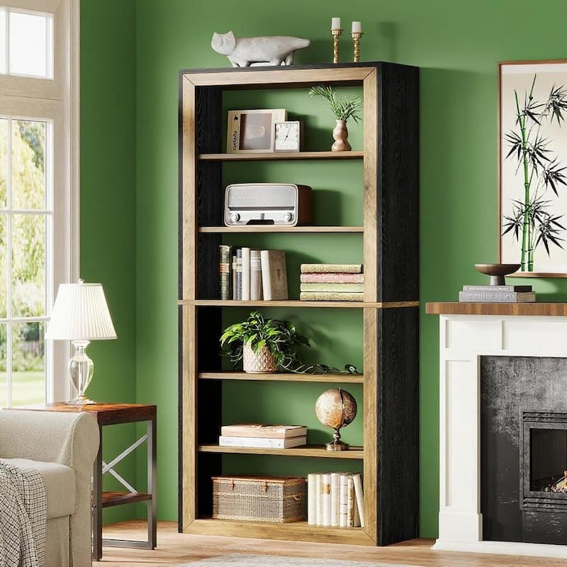 Vertical 7-Tier Bookshelf with Rustic Brown Wood and Black Frame for Living Room or Office - 31.5”L x 11.81”W x 63”H