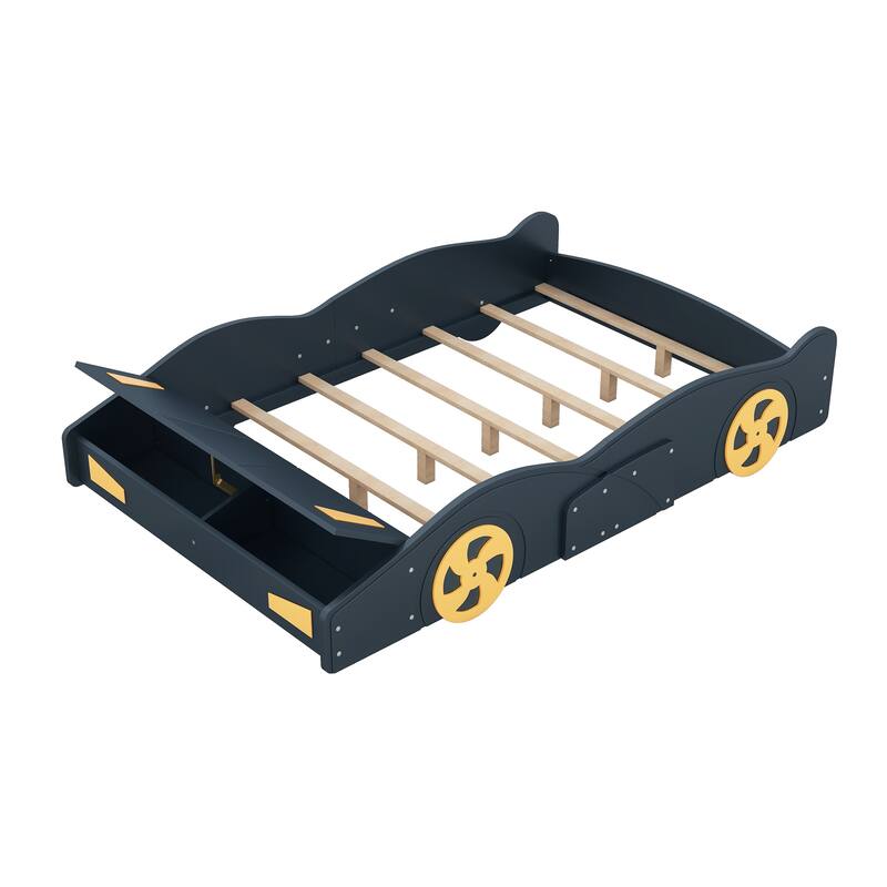 Twin/Full Size Race Car-Shaped Platform Bed with Wheels and Storage