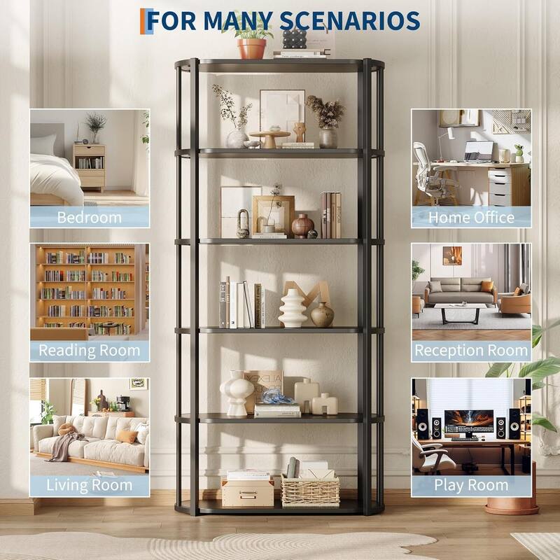 6 Tier Freestanding Open Storage Industrial Bookshelf, Bookcase for Bedroom, Living Room