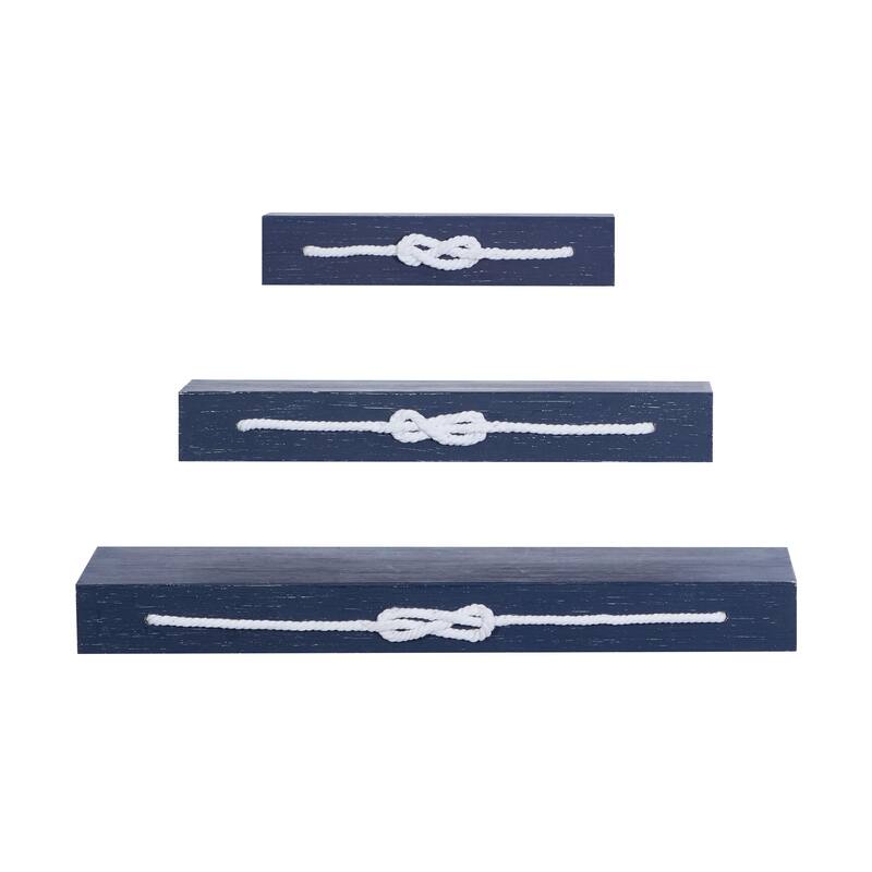 Wood Knot 3 Shelves Wall Shelf with Knotted Rope - Set of 3 Blue - Roche River Decor - Blue