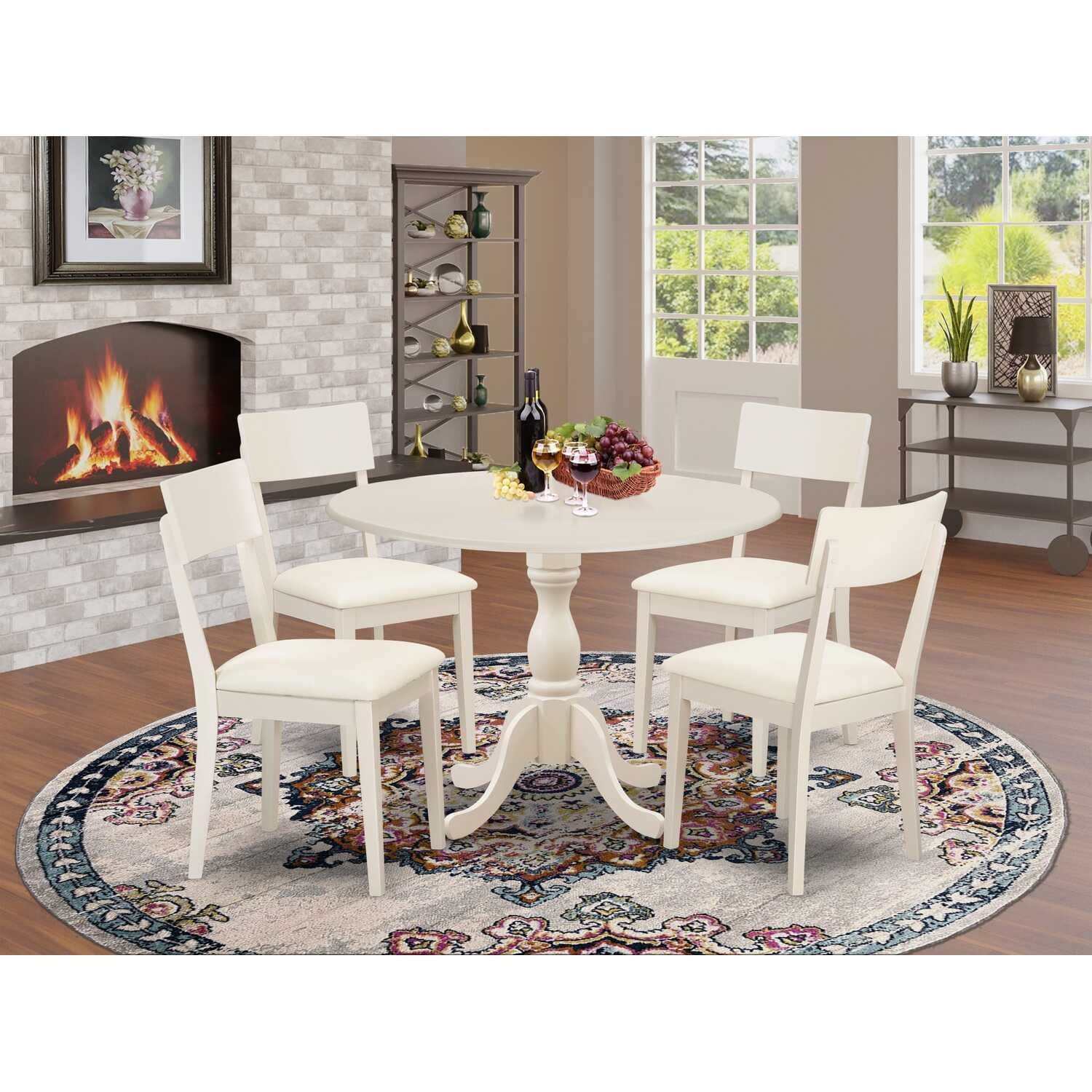 HomeStock 5-Piece Linen White Finish Solid Wood Top Dining table with 4-Chairs with Drop Leaf Lattice Back