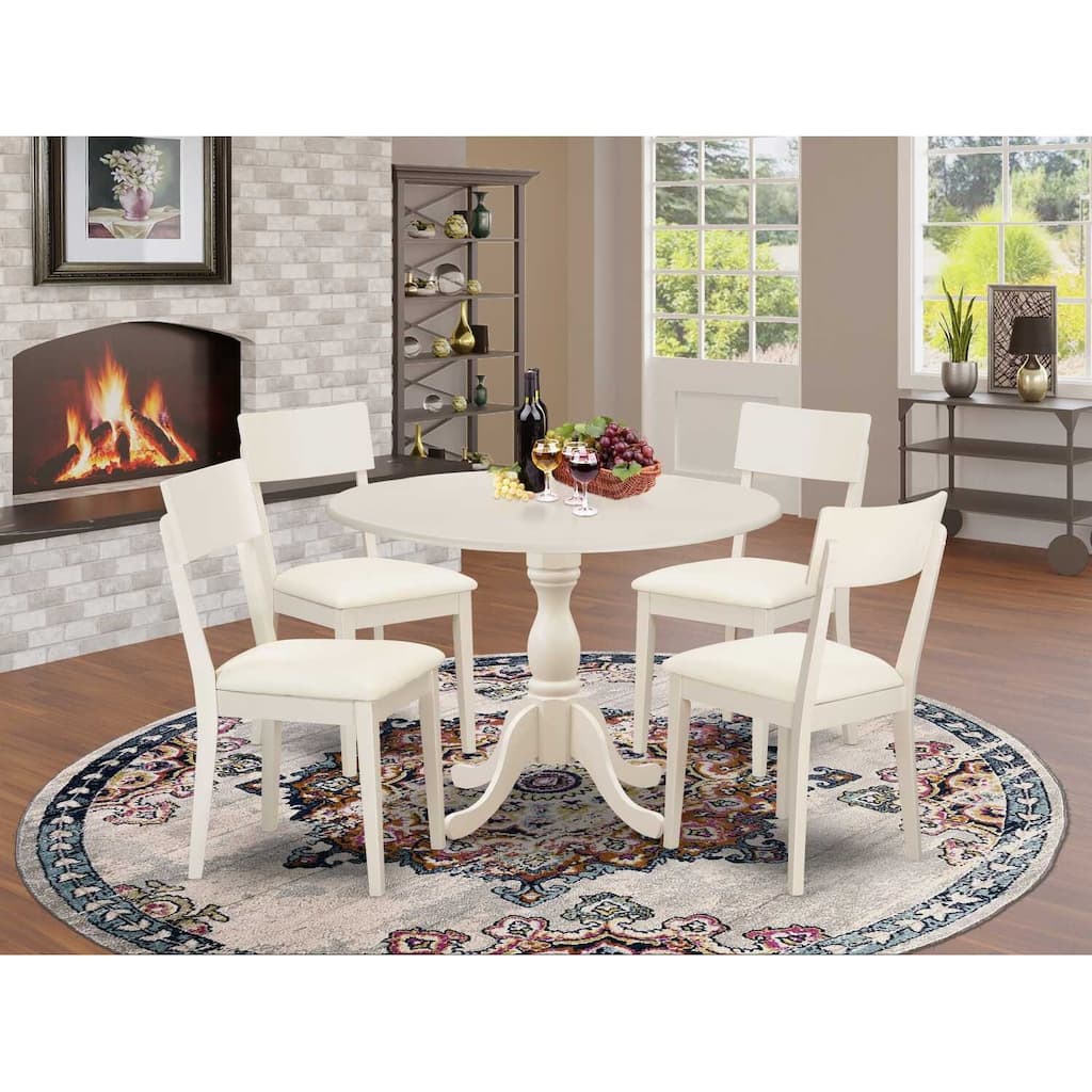 HomeStock 5-Piece Linen White Finish Solid Wood Top Dining table with 4-Chairs with Drop Leaf Lattice Back