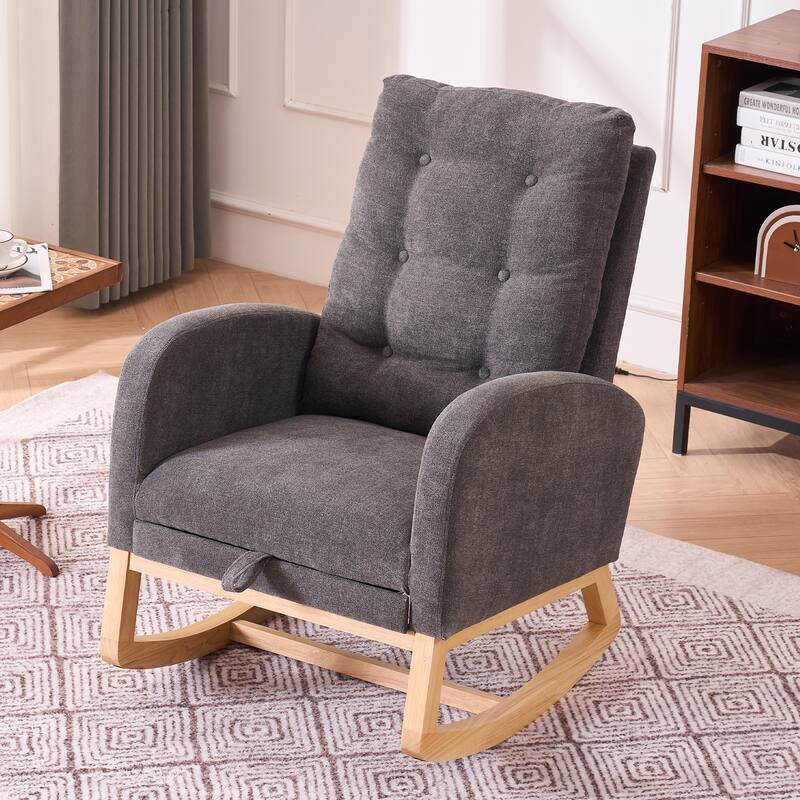 Gray Modern 26.77" High Back Upholstered Rocking Chair with Footrest and Rubber Wood Legs