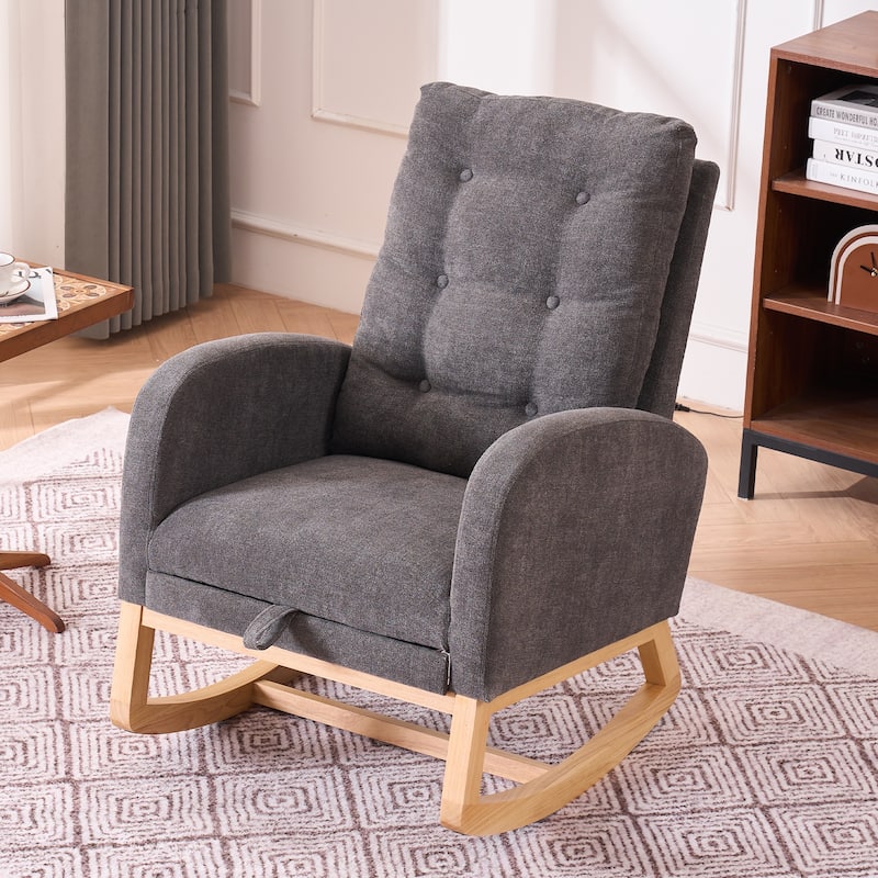 Upholstered Glider Chair with Thick Cushions, Rubber Wood Rocking Chair with Footrest, Lounge Recliner with Armrests