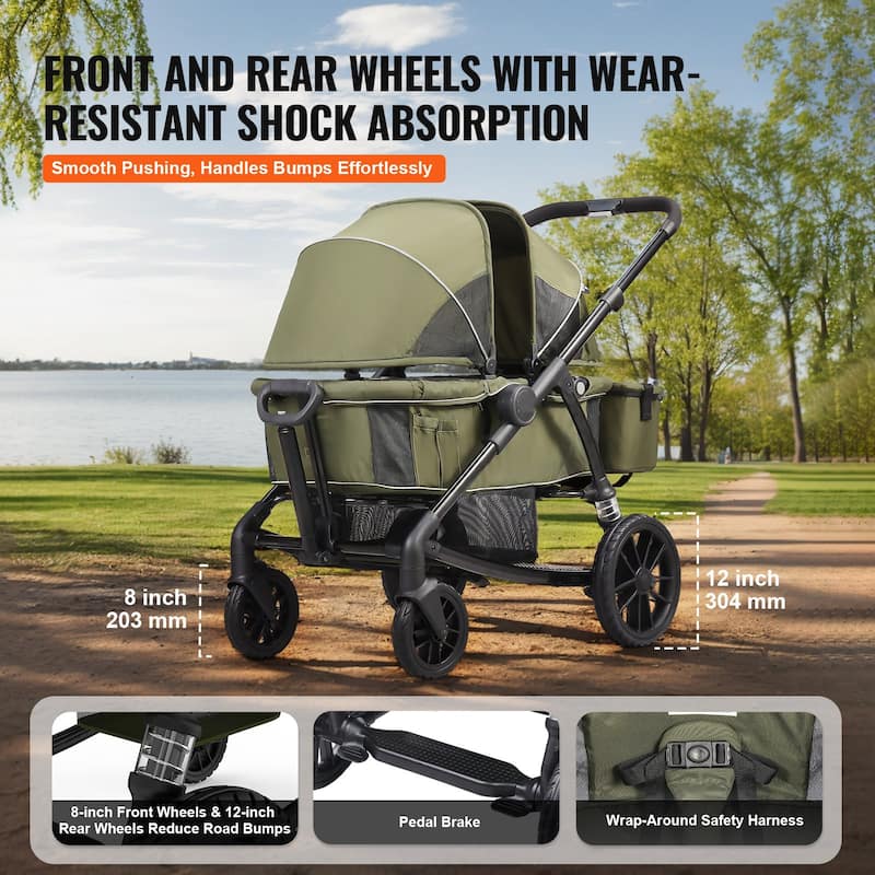 Carbon Steel All-Terrain Stroller Wagon Foldable Twin with Canopy and Tray - 47.2” L x 27.2” W x 42.1” H