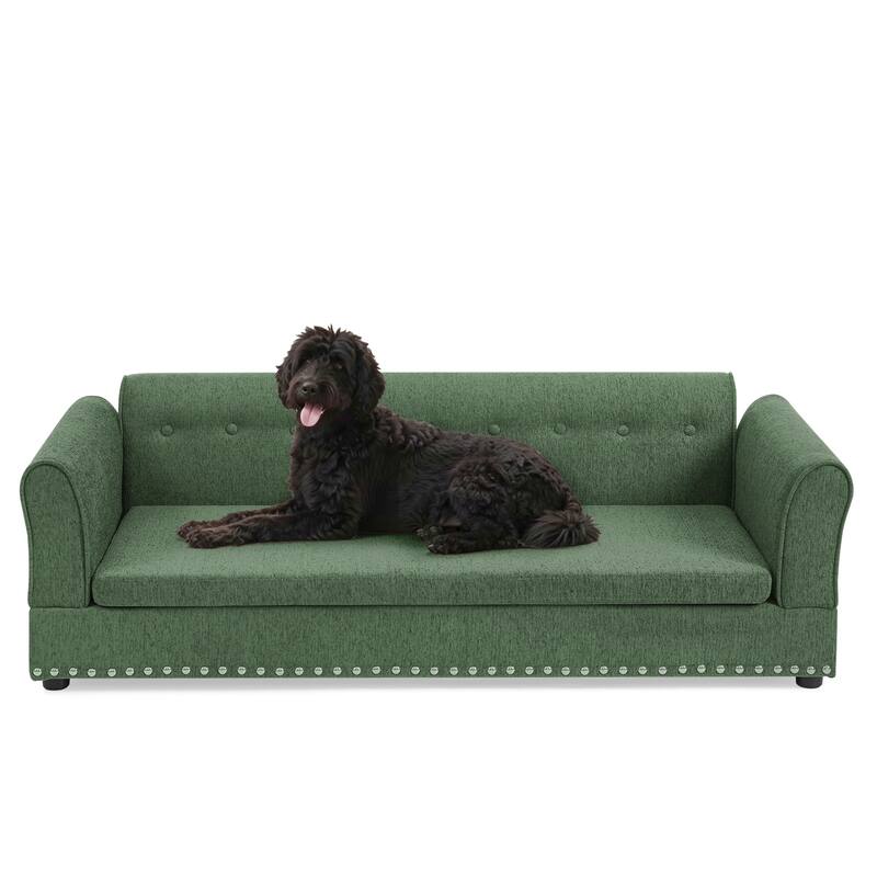 Oversized Pet Sofa, Elegant Modern Linen Fabric Elevated Dog Sofa Bed, Oversized Rectangular Pet Bed with Backrest & Armrest