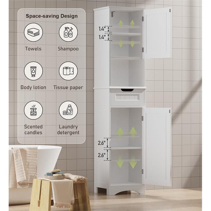 67" H Tall Bathroom Cabinet Narrow Linen Tower, Storage Cabinet with 2 Doors & Drawer