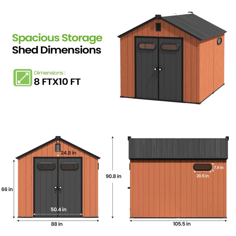 8X10 FT All-Weather Waterproof Plastc Outdoor Resin Storage Shed Windows Lockable Door with Floor for Patio Furniture and Tools