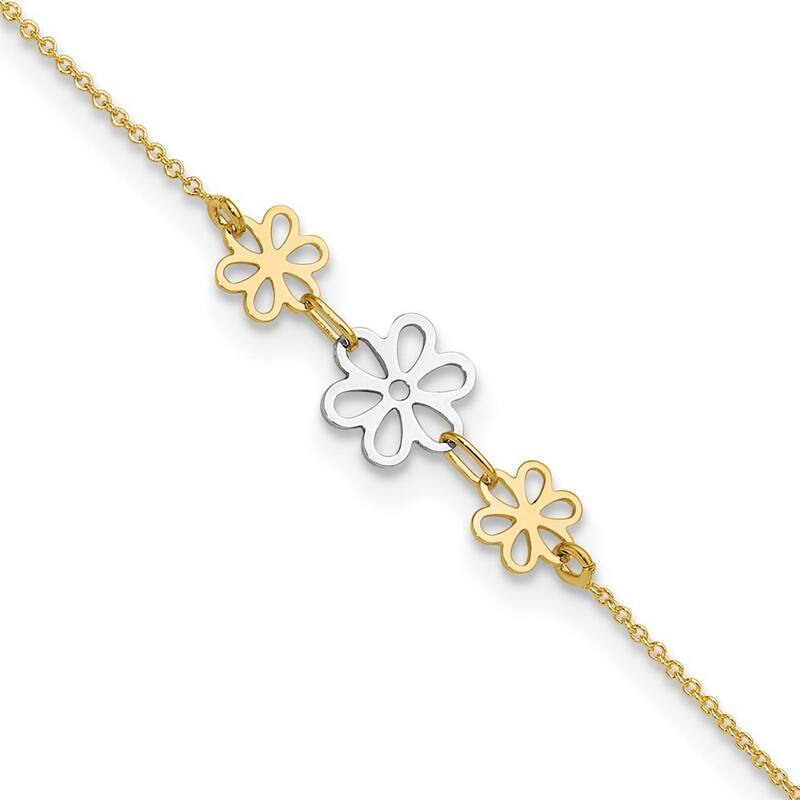 Curata 14k Two tone Gold 9+1" Polished Triple Daisy Flower Cable Chain Anklet (Spring-ring)