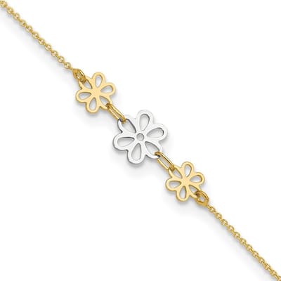 Curata 14k Two tone Gold 9+1" Polished Triple Daisy Flower Cable Chain Anklet (Spring-ring)