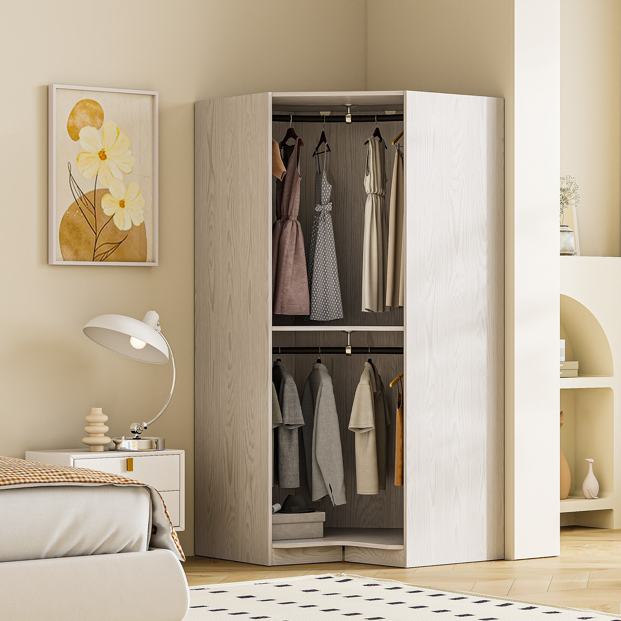 ワードローブ Corner Wardrobe Closet Organizer with 2 Hanging Rails & Shelves