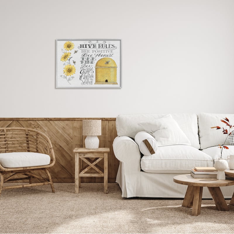 Stupell Hive Rules Motivational Phrases Bee Puns Vintage Beehive Framed Wall Art - Yellow