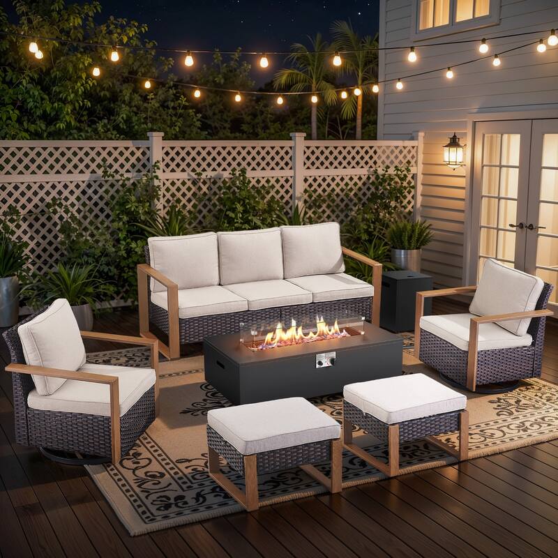 Pocassy 43 In Fire Pit w/ Outdoor Sofa Swivel Chair Ottoman Set - Brown Wicker Beige Cushion - 6PCS Fire Table w/ 4-In Sofa Swivel Chair Ottoman