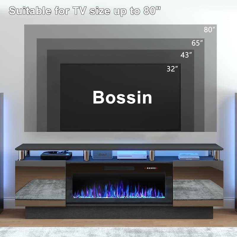 BOSSIN 70" Modern Electric Fireplace TV Stand, with Electronic Flame and LED Lights, High Gloss Finish Entertainment Center