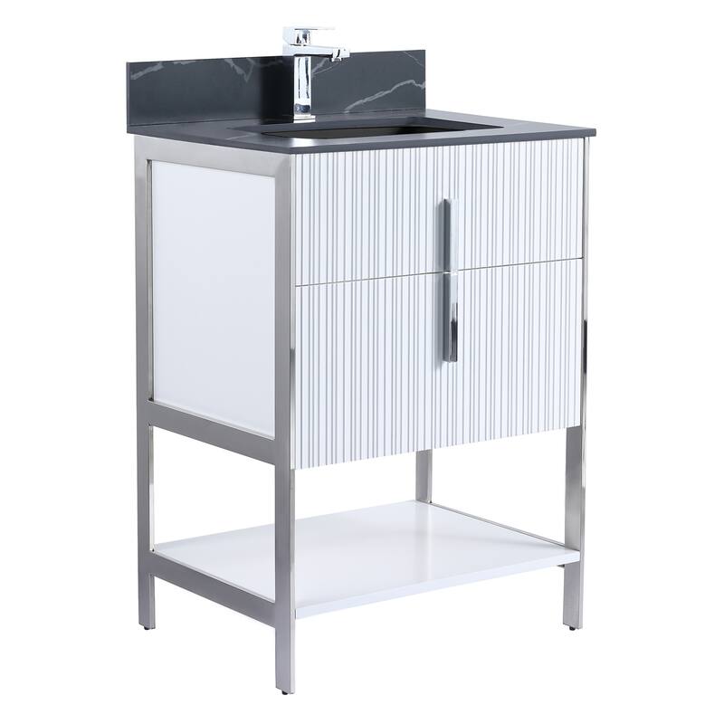 Fine Fixtures Serenity Modern Bathroom Vanity with Black Sintered Stone Top - White Matte - Chrome Hardware - 24 inch