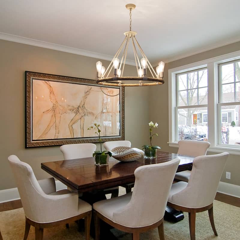 8-Light Classic Semi Flush Mount Chandelier, Farmhouse Modern Wagon Wheel Chandelier for Dining Room - W30.71"x H25.59"