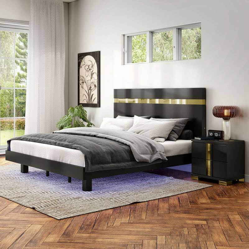 Furniture of America Halifax Modern 2-Piece Wood Black Platform Bedroom Set with Underbed LED - Twin