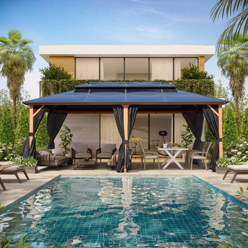 EROMMY Hardtop Gazebo,Outdoor Pergola with Double Roof & Netting & Curtains,Heavy Duty Canopy for Patio, Backyard, Pool party - 12'x20' - Double Roof