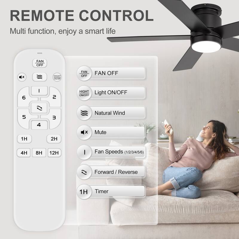42"/52" Modern Black Flush Mount Ceiling Fan with LED Light and Remote