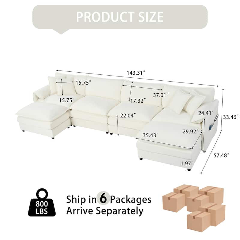 143.31" Chenille Upholstered U-Shaped Modular Sectional Sofa with Double-Layer Cushions, DIY Combination