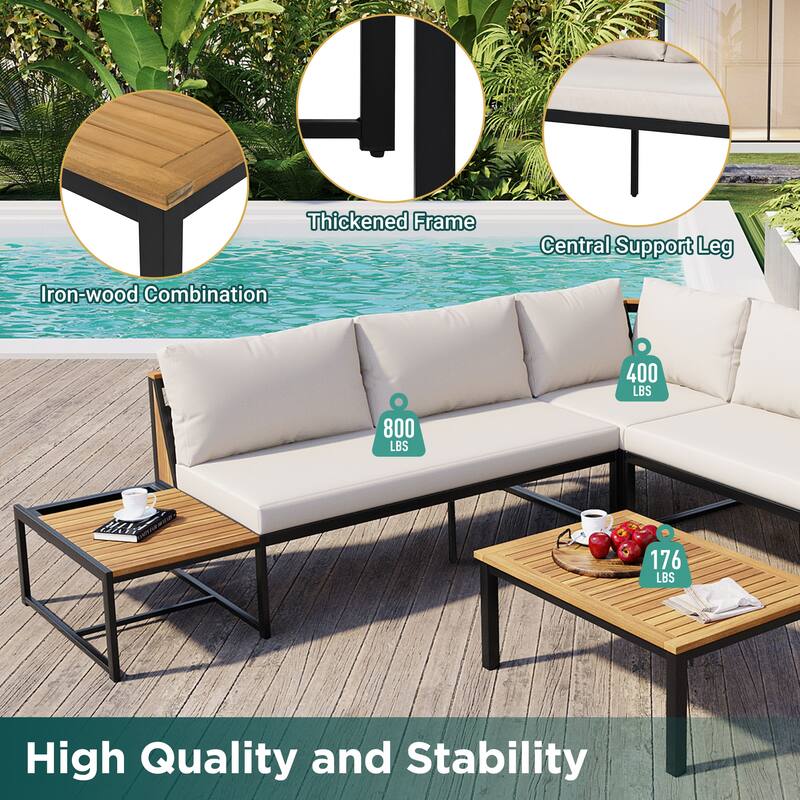 Outdoor 4-Piece Iron Sectional Sofa Set with Coffee Table & Storage Shelf