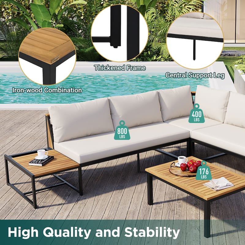 4 Pieces Outdoor Patio Sofa Set w/ Waterproof Cushions & Durable Iron-Wood Design for Garden Backyard Poolside, Beige