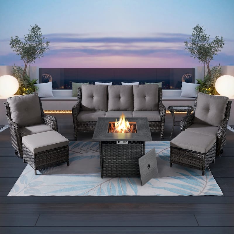 Pocassy 7PCS Outdoor Sofa Swivel Chairs with Fire Pit Table - Grey - Grey
