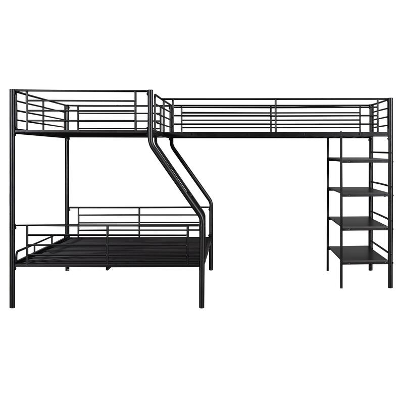 Black Twin & Full Size L-Shaped Metal Triple Bunk Bed with Loft, 4 Built-in Shelves, Full-Length Guardrails