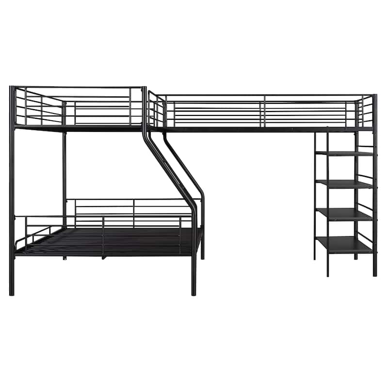 Twin Over Full Metal Bunk Bed with Twin Loft and Storage Shelves, L-Shaped Space-Saving Design