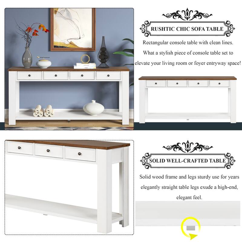 Pine Wood Console Table with 4 Drawers and Bottom Shelf for Entryway Hallway