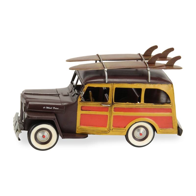 HomeRoots 8" Yellow and Brown Metal Hand Painted 1948 Brown Woody Model Car - 6.5' X '7.5' X '13